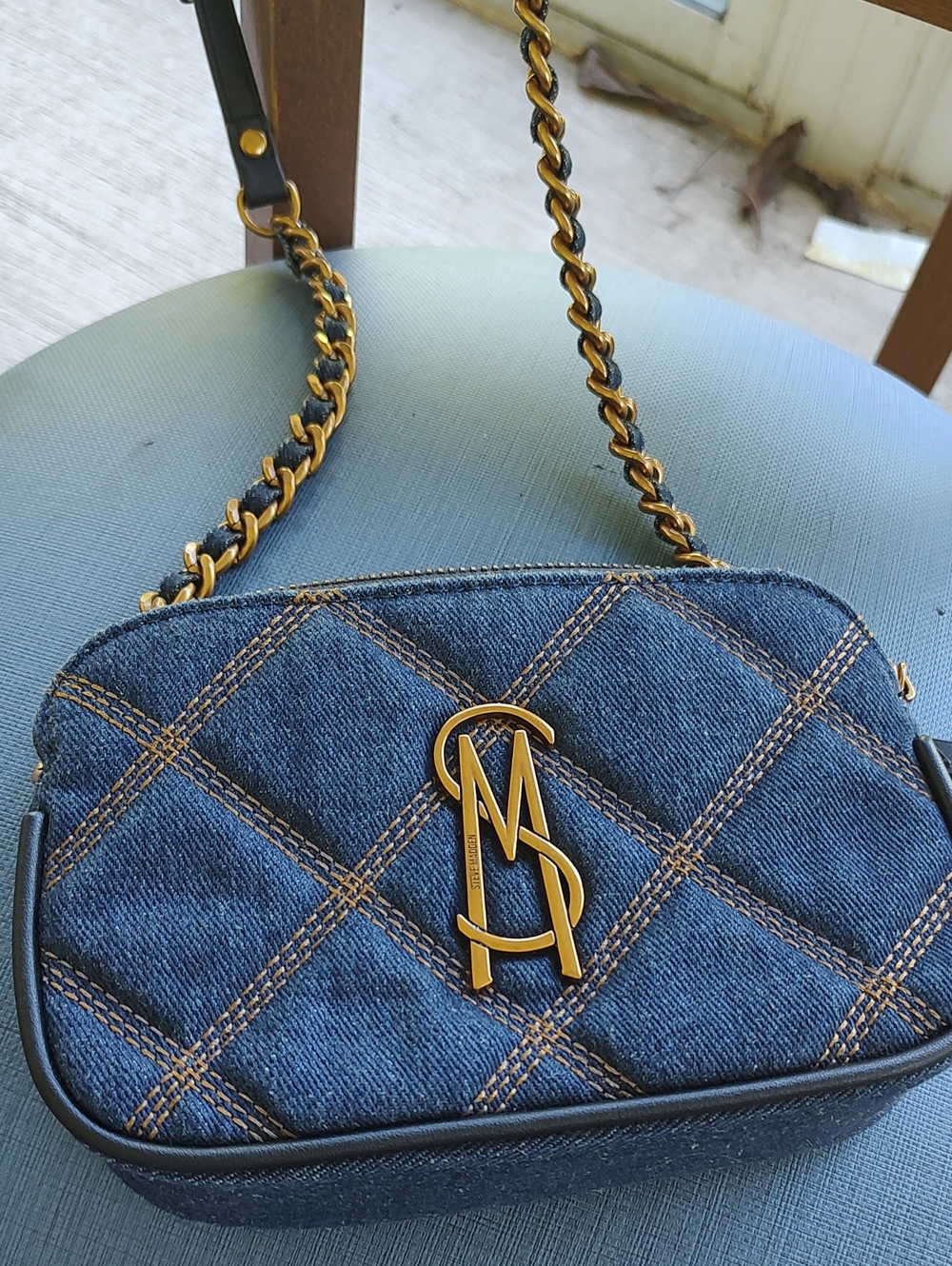Steve Madden Quilted Blue Denim Crossbody with Gold Chain